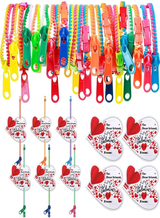 Sratte 50 Pcs Valentine's Day Neon Friendship Bracelets Bulk with 50 Pcs Heart Card for Valentine's Gifts Birthday Goodie Bag Stuffers(Resin,Zipper Bracelet) - Image 1